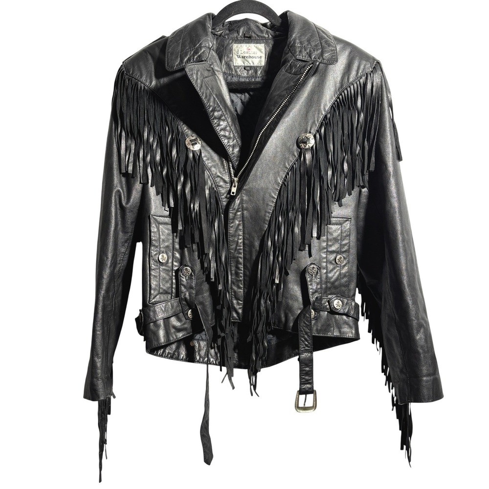 Vintage Leather Warehouse Black Western Moto Jacket Belted Fringe Rock Sz‎ 36